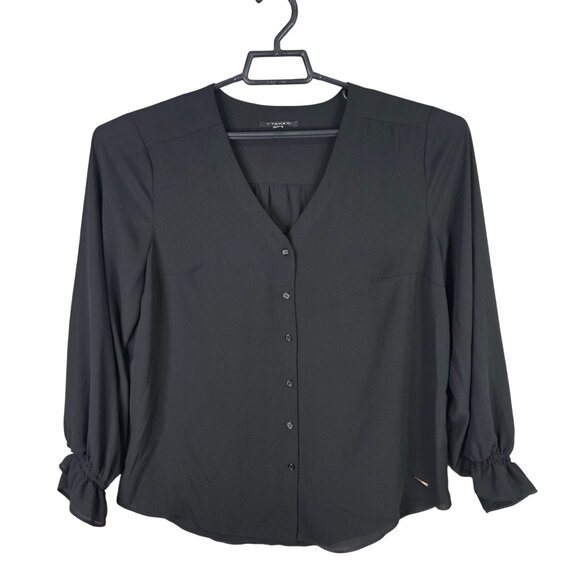 Womens Tahari Black Blouse V-Neck Button Down Long Sleeves Polyester Size XL - Picture 1 of 9